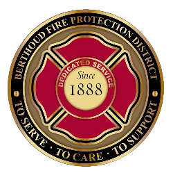 A fire department emblem with text "Berthoud Fire Protection District," "Dedicated Service Since 1888," and "To Serve. To Care. To Support."
