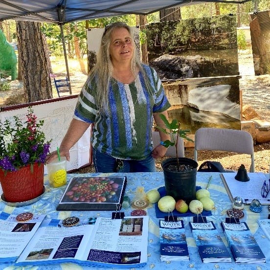 Woman standing behind a table with plants, apples, and informational sheets, possibly at an outdoor event or market.