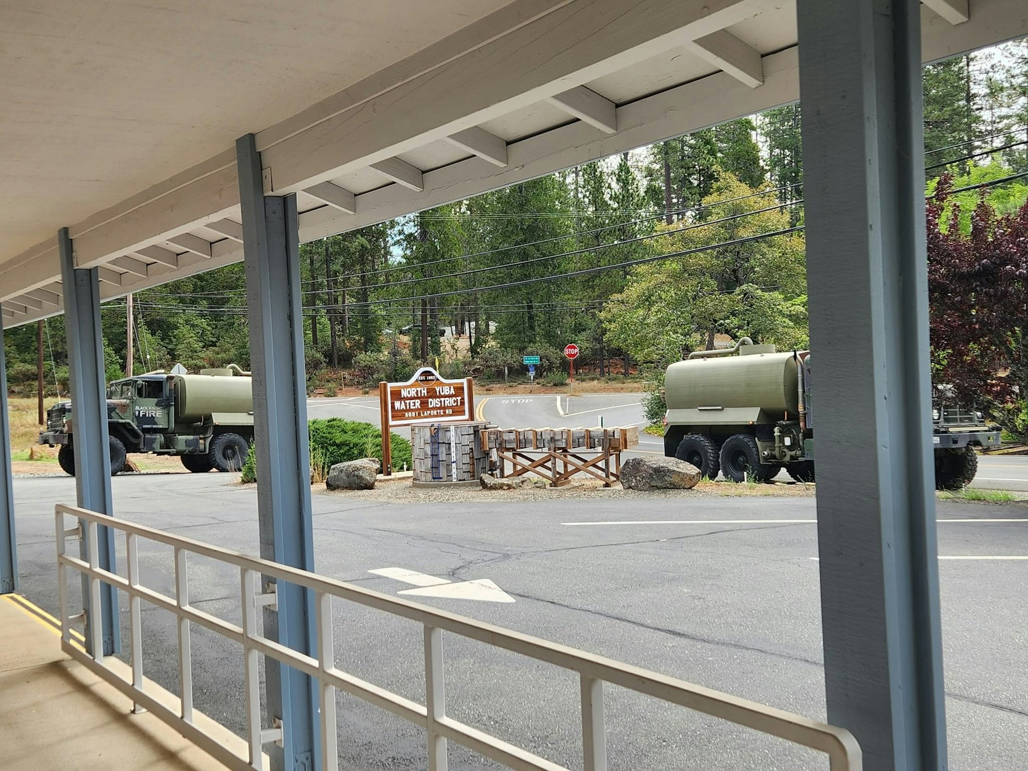 Water tenders filling up at the North Yuba Water District office in Brownsville during the Chute Fire response.