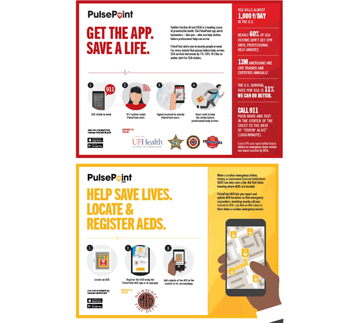 The image promotes the PulsePoint app, highlighting its role in saving lives during cardiac emergencies and locating AEDs.