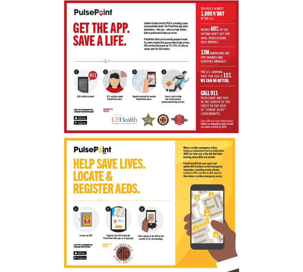 The image promotes the PulsePoint app, highlighting its role in saving lives during cardiac emergencies and locating AEDs.