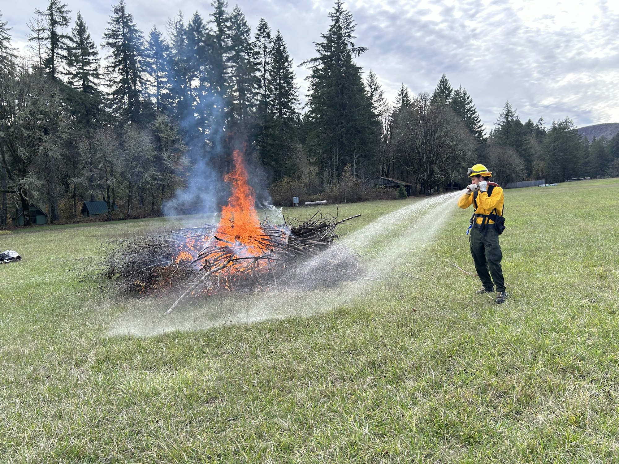 A person in a yellow shirt manages a controlled burn, spraying water on a pile of burning brush in a grassy area.