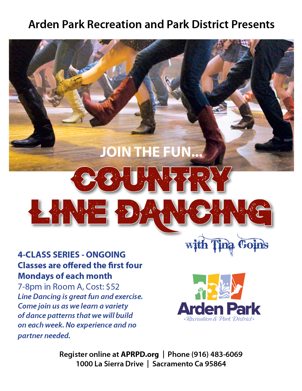 This is an ad for a line dancing class hosted by Arden Park Recreation and Park District with instructor Tina Goins.