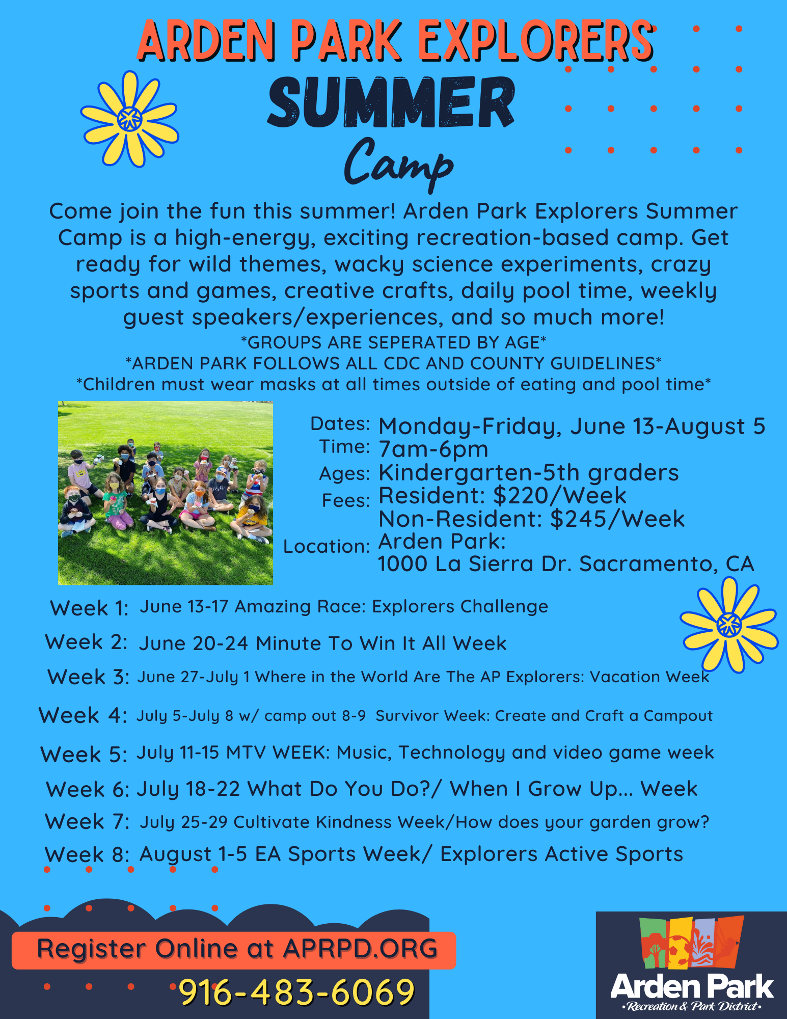 Arden Park Explorers Summer Camp runs June 13-Aug 5 for K-5 kids, featuring activities and themed weeks. Register online!