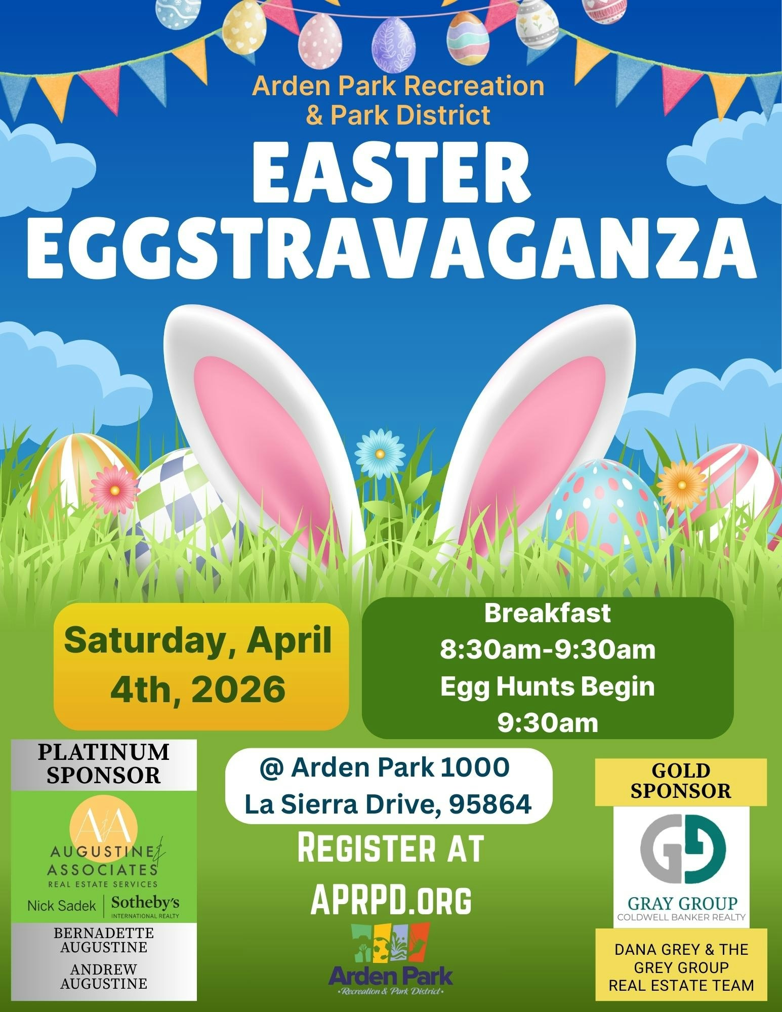 The image promotes the Arden Park Easter Eggstravaganza on April 4, 2026, with breakfast at 8:30 AM and egg hunts at 9:30 AM.