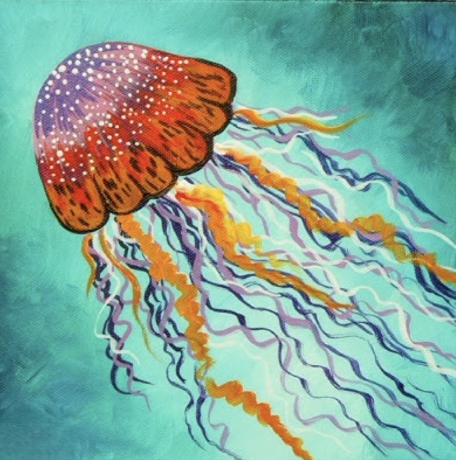 A vibrant painting of a jellyfish with a colorful, flowing body against a turquoise background.