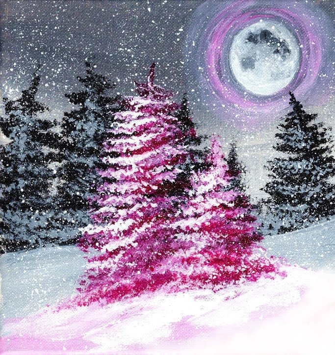 A snowy night scene with pink and white trees, snowflakes falling, and a full moon in the sky.