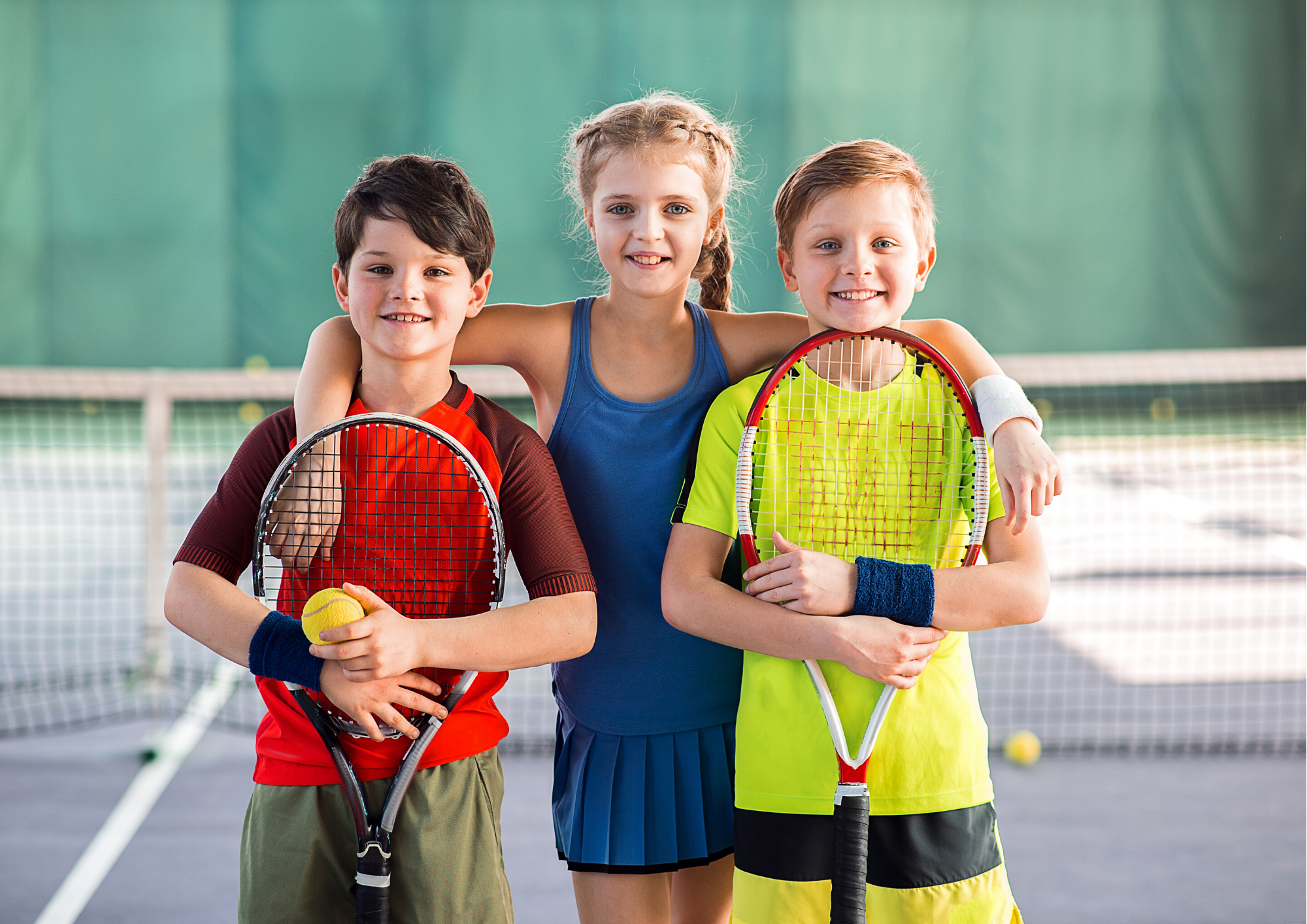 Three kids pose together inside a tennis court, each holding a racket and a tennis ball, smiling and having fun.