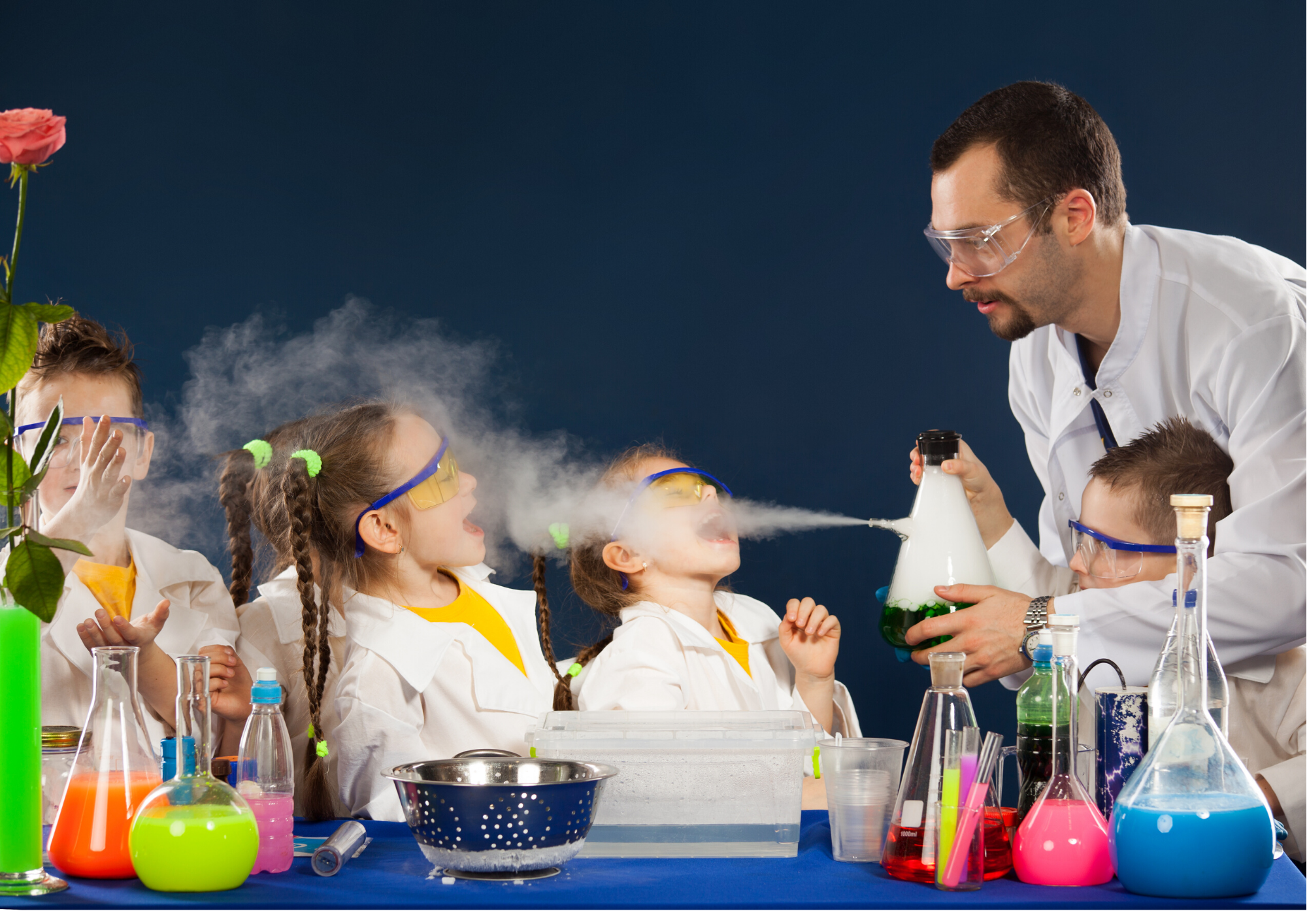 A science experiment with children and a teacher, featuring colorful liquids and smoking flasks, creating a fun learning atmosphere.