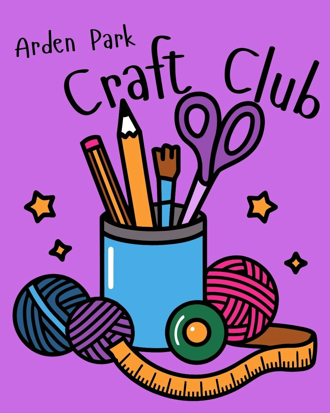 "Arden Park Craft Club" with art supplies, yarn, and a measuring tape on a purple background.