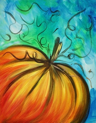 Colorful abstract painting of a pumpkin with swirling vines against a blue and green background.
