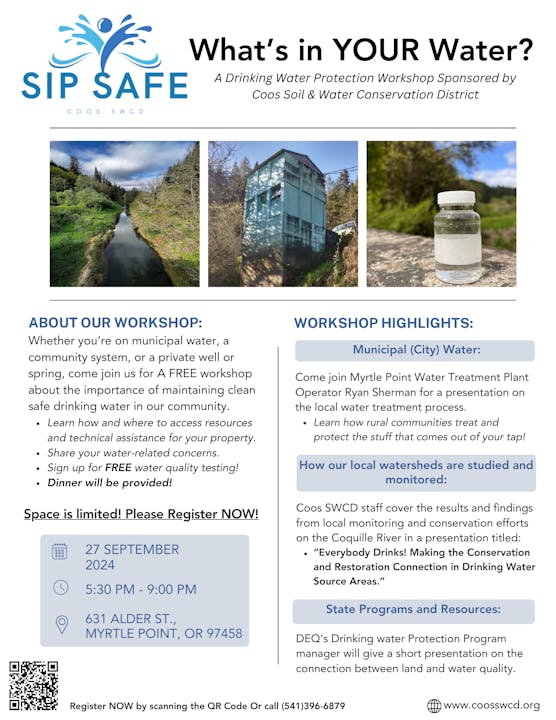 A flyer promoting a drinking water protection workshop titled "SIP SAFE" by Coos Soil & Water Conservation District, with date, location, and details of the event.
