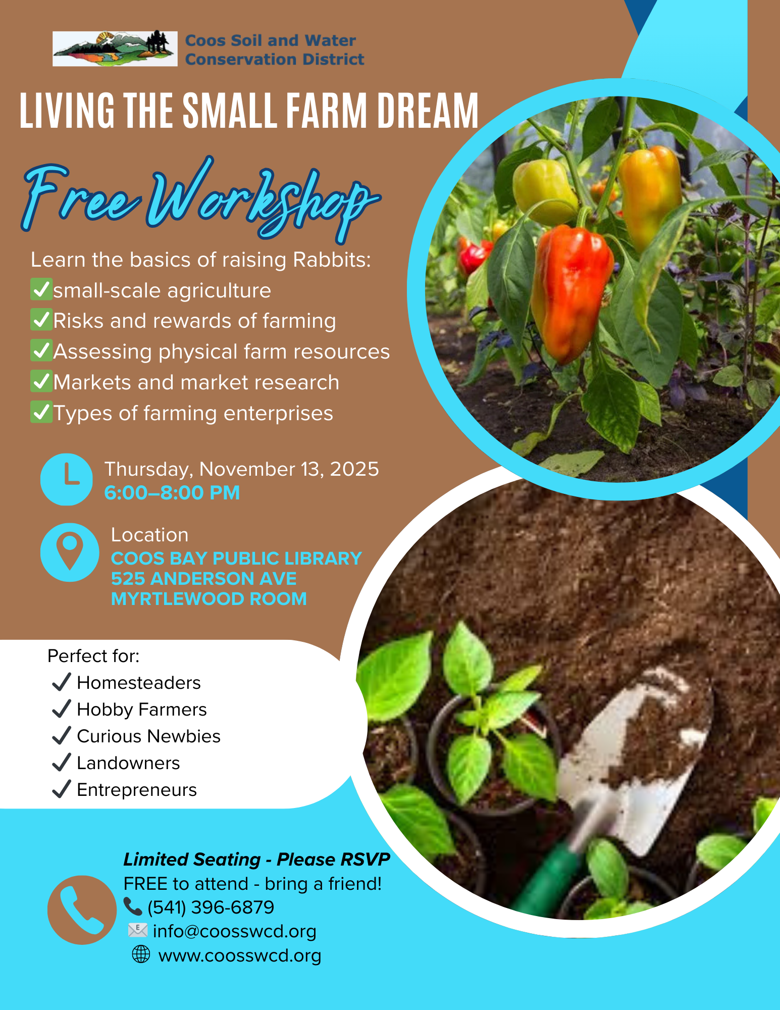 Free workshop on small-scale farming at Coos Bay Library, Nov 13, 2025, 6-8 PM. Topics: rabbits, farming risks, markets, enterprises.