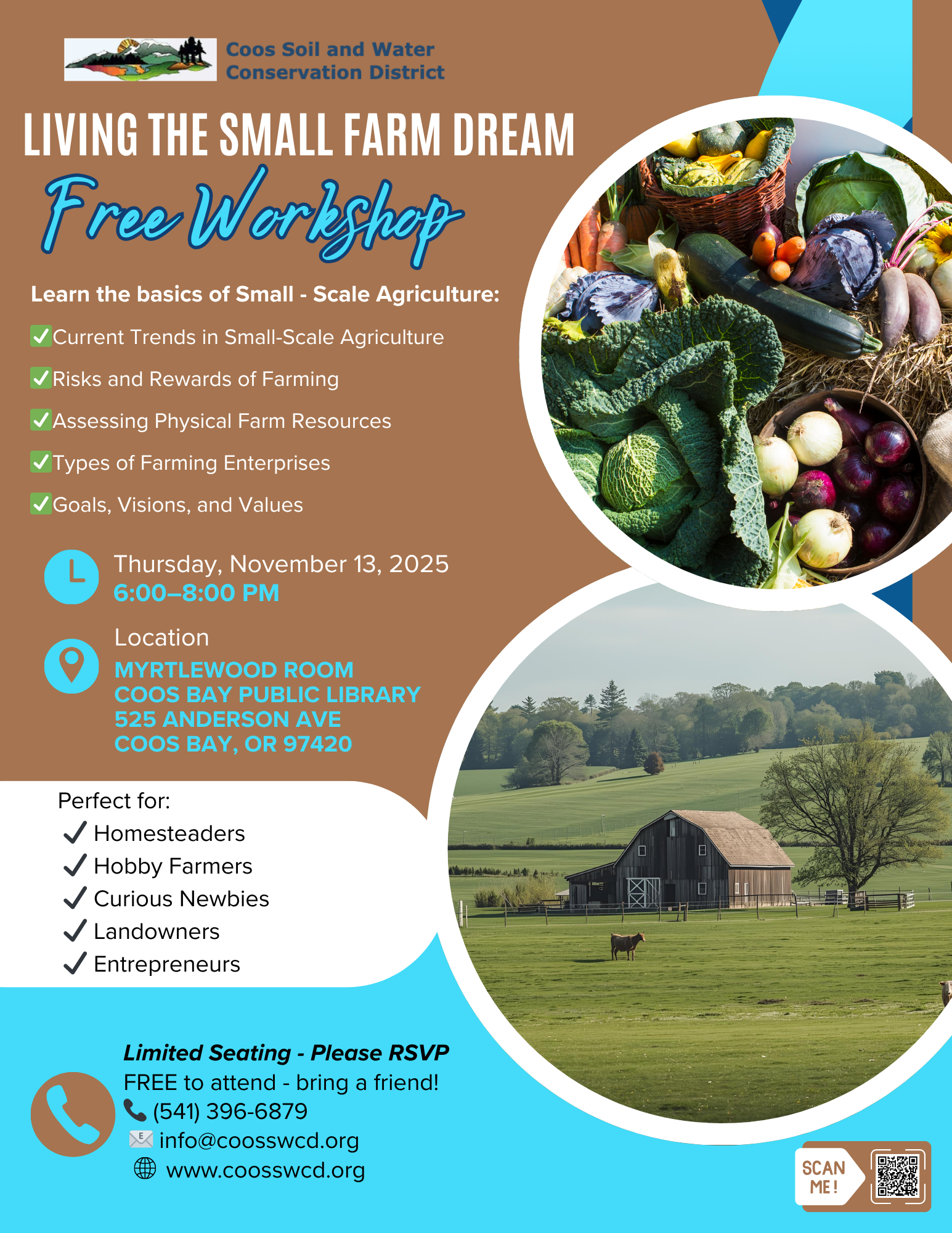 Free workshop on small-scale agriculture in Coos Bay, OR, on Nov 13, 2025. Topics include farming trends and resources. RSVP required.