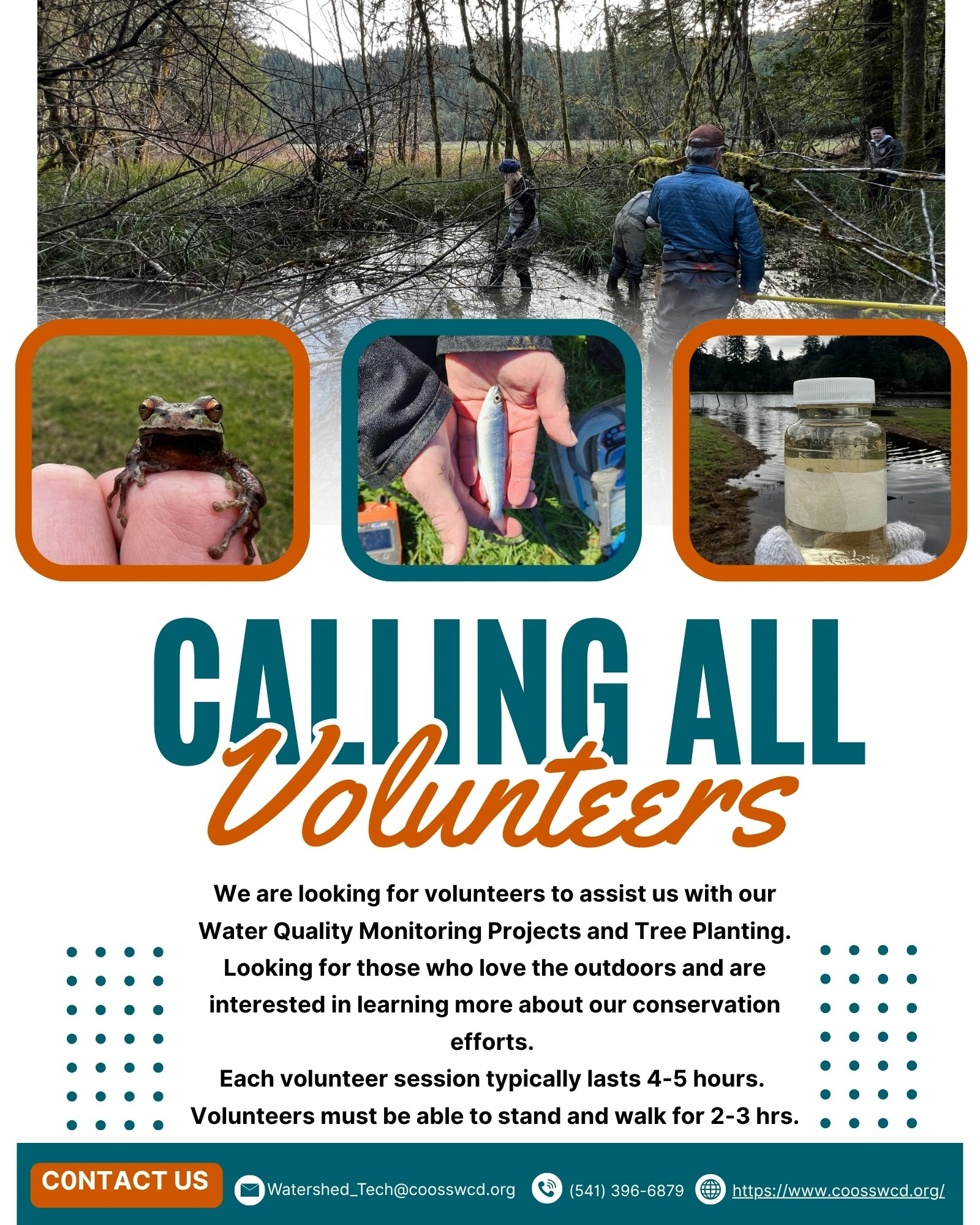 Volunteer call for water quality monitoring and tree planting. Sessions are 4-5 hrs. Contact info provided.