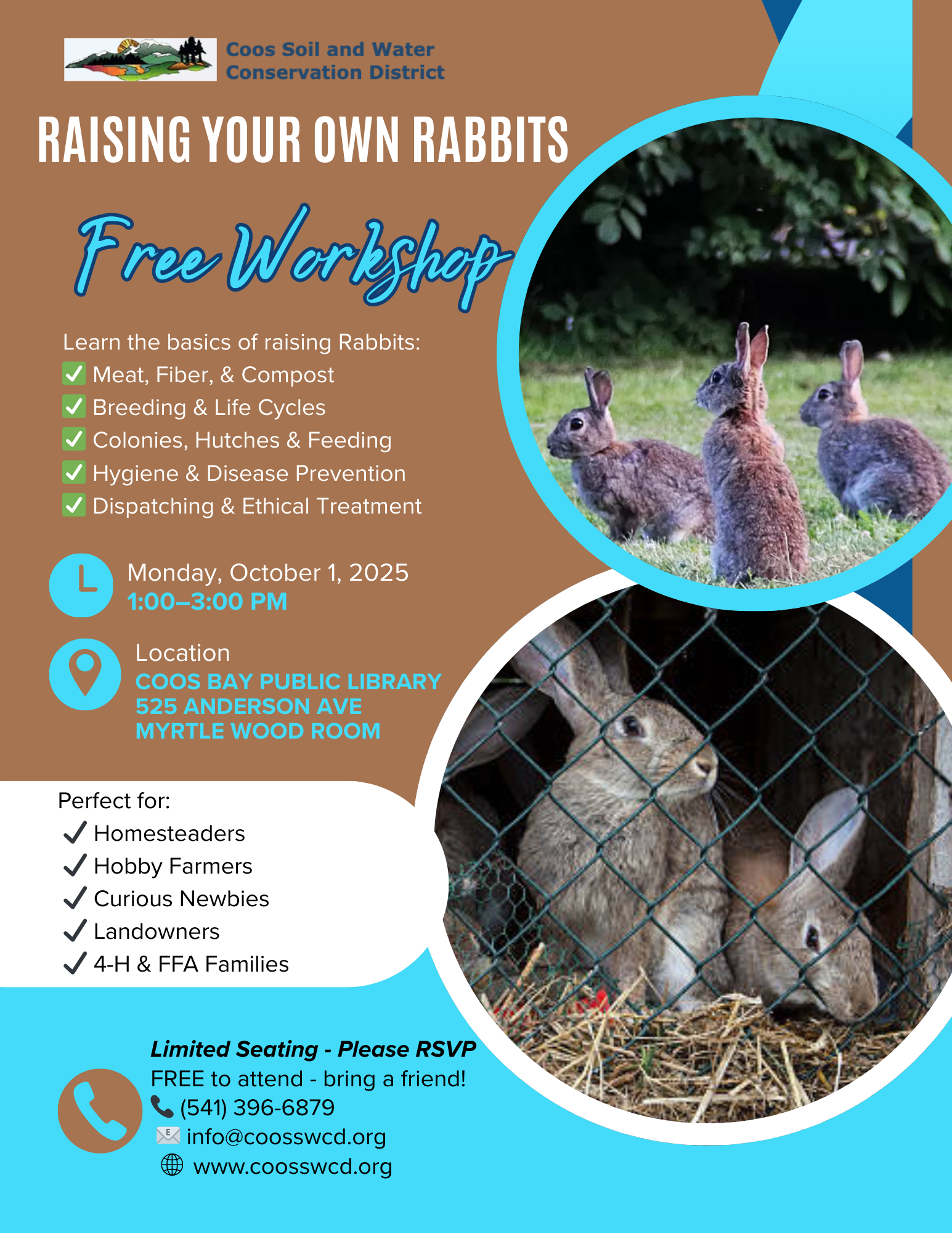 Rabbit raising workshop, October 1, 2025, 1-3 PM, Coos Bay Library. Topics: breeding, feeding, hygiene. RSVP required.