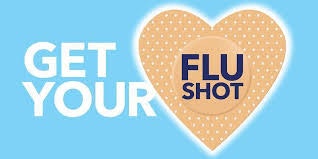 Text "GET YOUR FLU SHOT" with a heart-shaped bandage on a blue background.