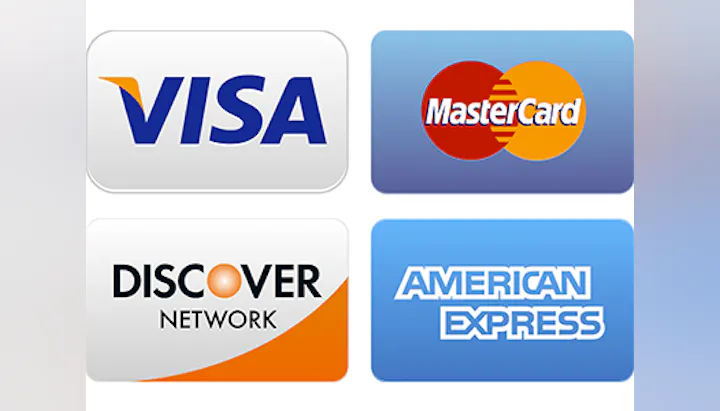 The image displays logos of four major credit card companies: Visa, MasterCard, Discover, and American Express.