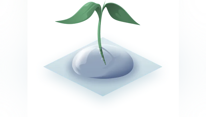 A plant sprout with leaves emerging from a round, blue, glossy surface.