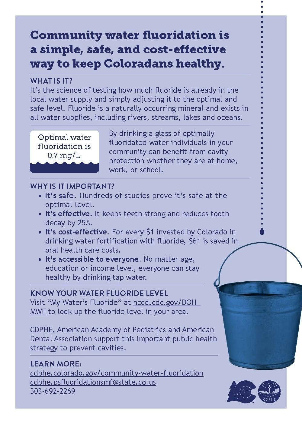 Community water fluoridation advocates its safety, effectiveness, cost-efficiency, and accessibility for improving dental health in Colorado.