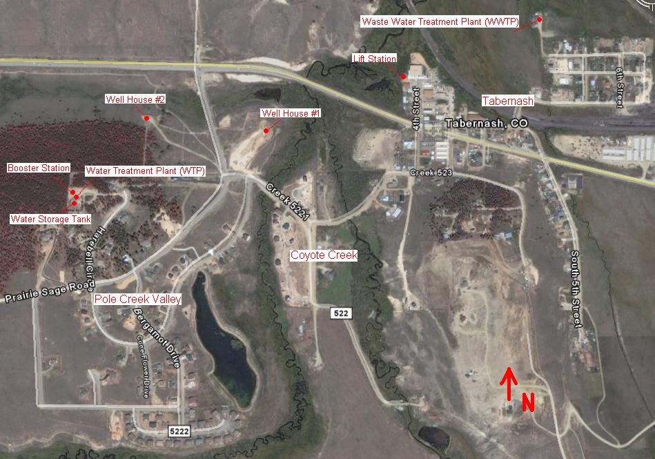 Aerial map of Tabernash, CO, with labeled water facilities like treatment plants, wells, and storage.