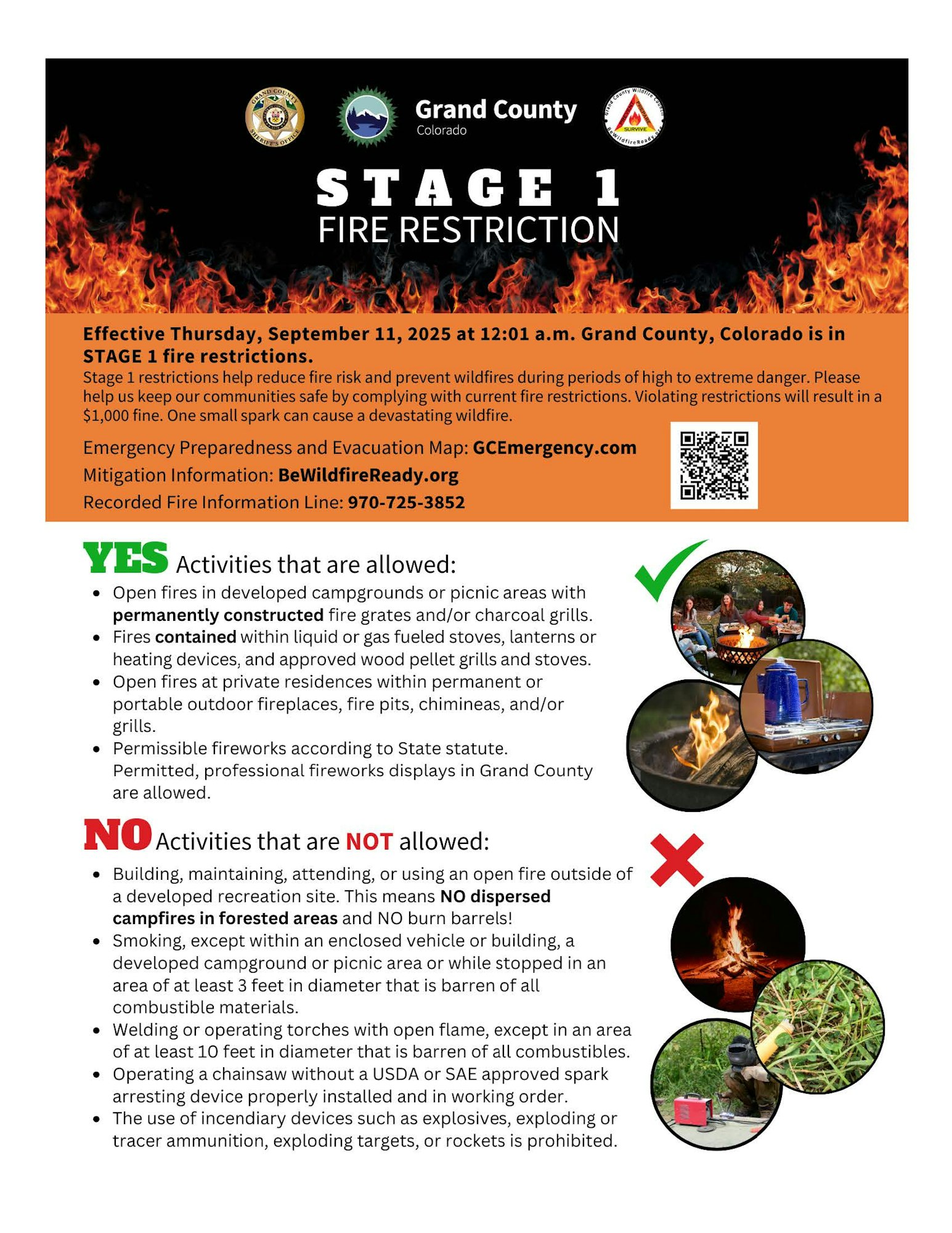 Stage 1 fire restrictions in Grand County, Colorado; specific activities permitted and prohibited; contact info and preparedness resources.