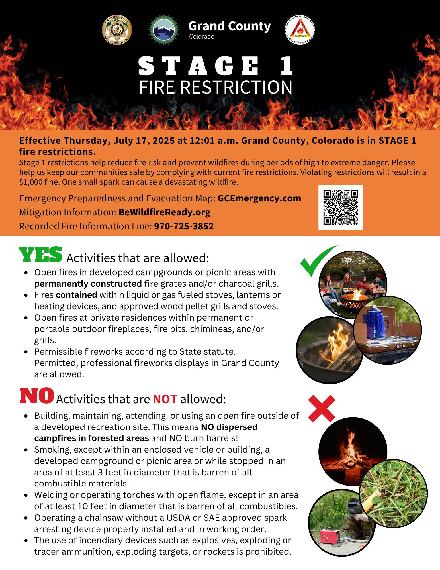 Stage 1 fire restrictions in Grand County, Colorado, effective July 17, 2025. Details on allowed and prohibited activities included.