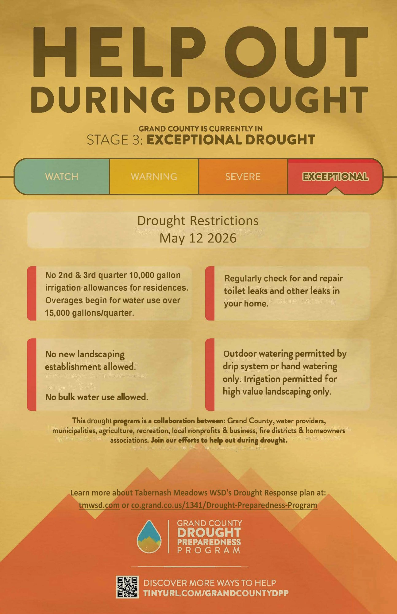 Grand County is under exceptional drought conditions, enforcing strict water usage restrictions and encouraging leak repairs.