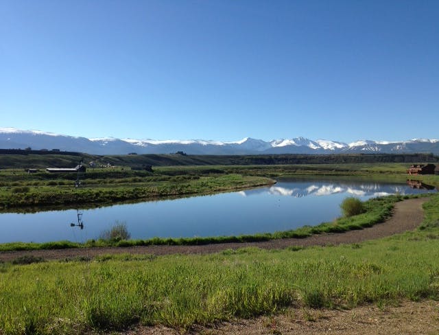 A serene lake reflecting snowy mountains under a clear blue sky, surrounded by lush greenery.