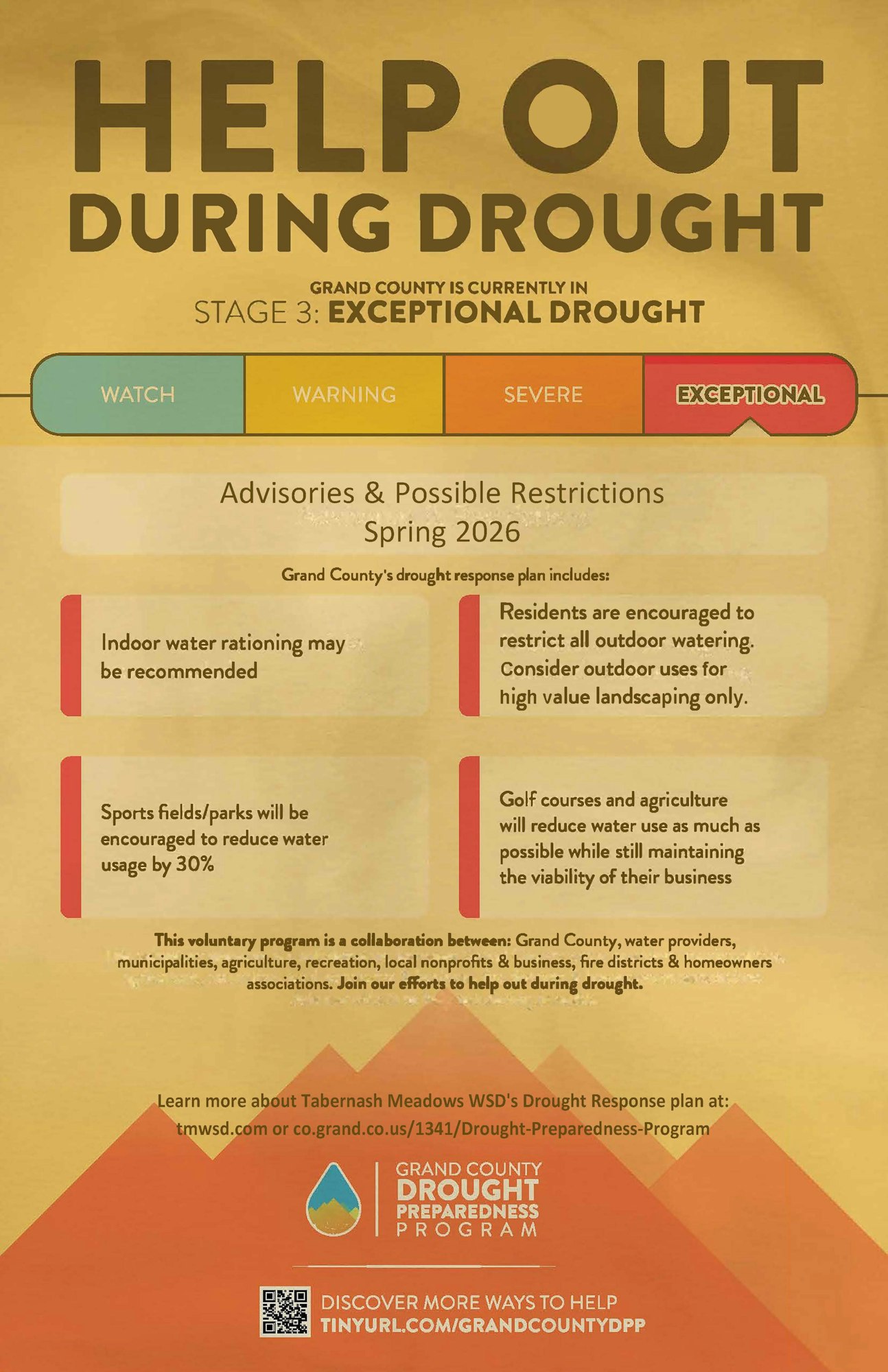 The image outlines drought advisories and restrictions in Grand County, urging water conservation and management due to exceptional drought conditions.