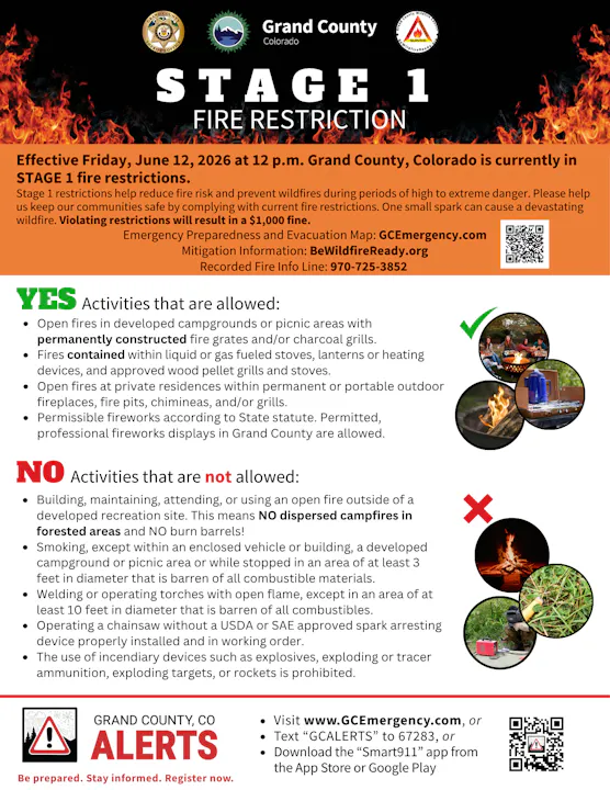 Grand County, CO, is under Stage 1 fire restrictions as of June 12, 2026. Open fires are limited; violations incur a $1,000 fine.