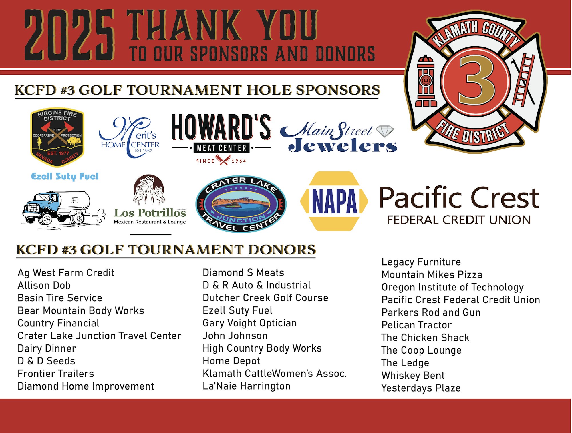 KCFD #3 Golf Tournament sponsors and donors list for 2025, thanking various businesses and organizations.