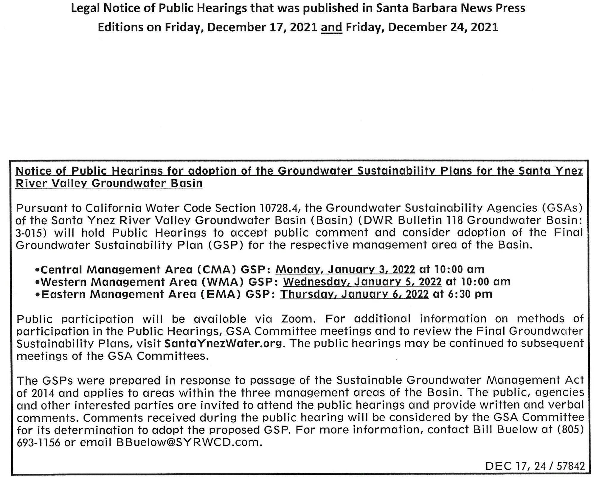 A legal notice for public hearings regarding Groundwater Sustainability Plans for the Santa Ynez River Valley Groundwater Basin.