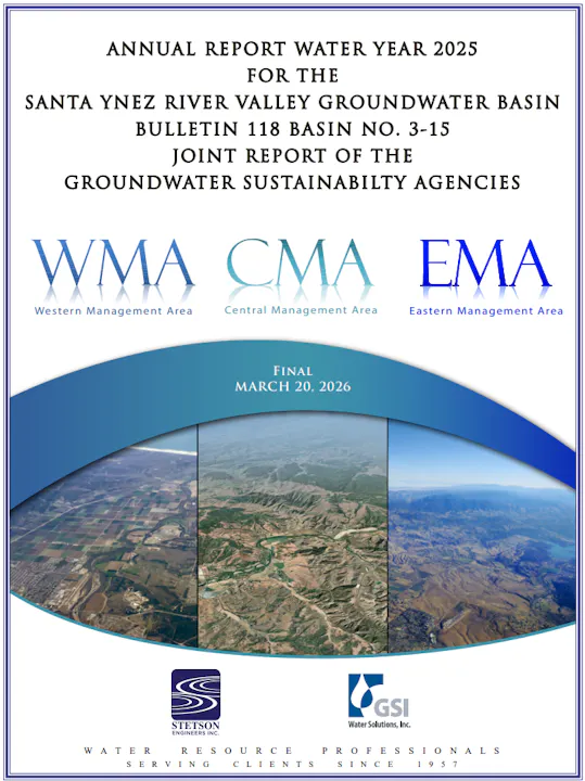 Annual report for Santa Ynez River Valley groundwater basin, detailing management areas and sustainability efforts, dated March 20, 2026.