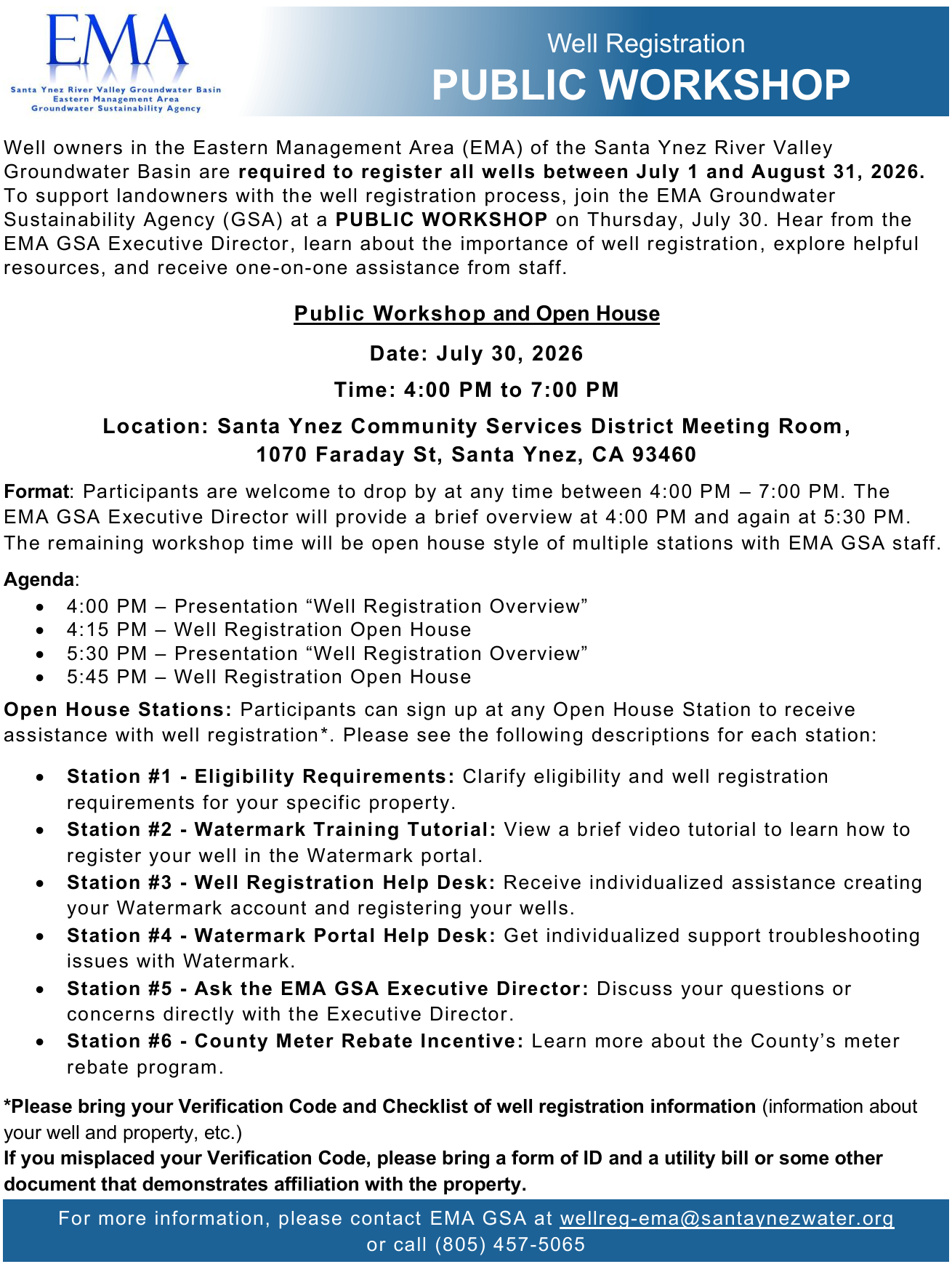 Public workshop for well registration in Santa Ynez on July 30, 2026, from 4-7 PM. Multiple help stations available.