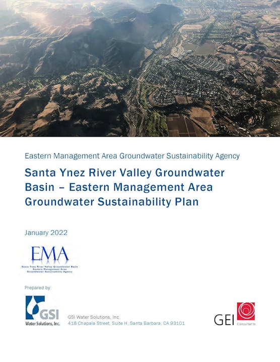 A cover page for Eastern Management Area's Groundwater Sustainability Plan, dated January 2022, with aerial view of a landscape.