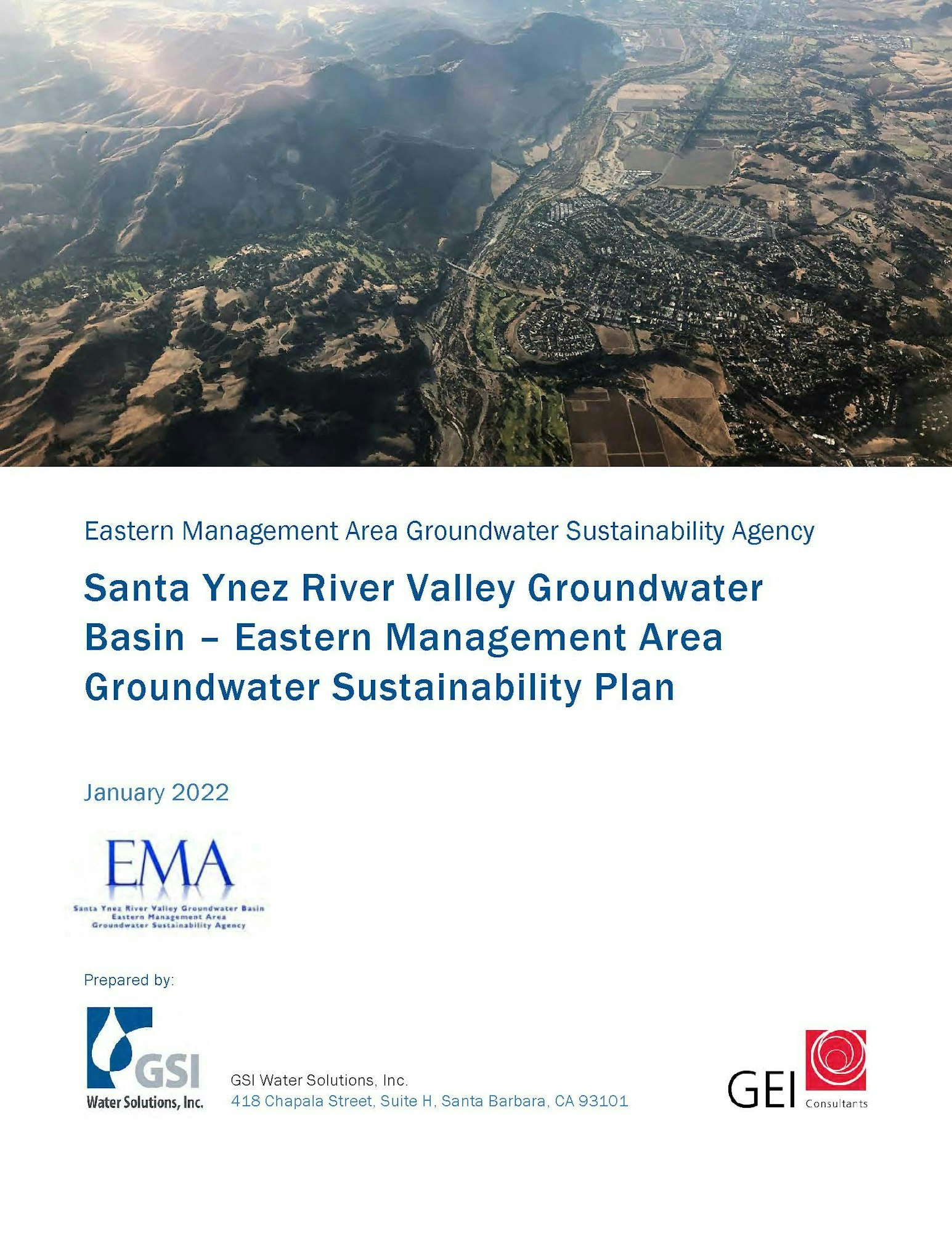 A cover page for Eastern Management Area's Groundwater Sustainability Plan, dated January 2022, with aerial view of a landscape.