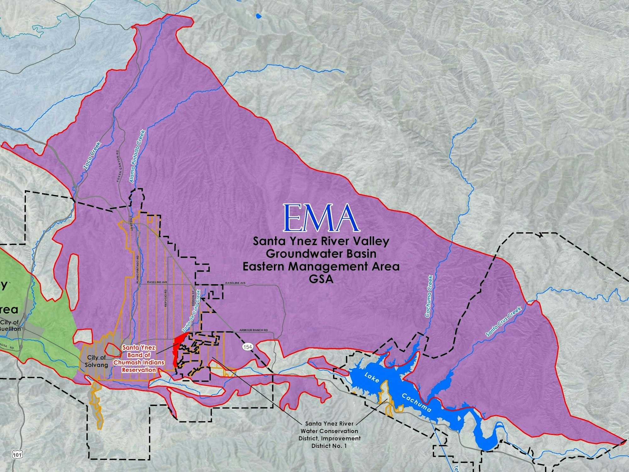A map showing the Santa Ynez River Valley Groundwater Basin, Eastern Management Area.