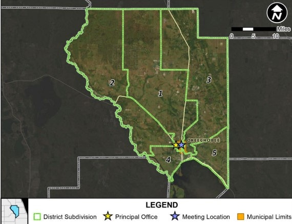 A satellite map showing district subdivisions, a principal office, meeting locations, and municipal limits.