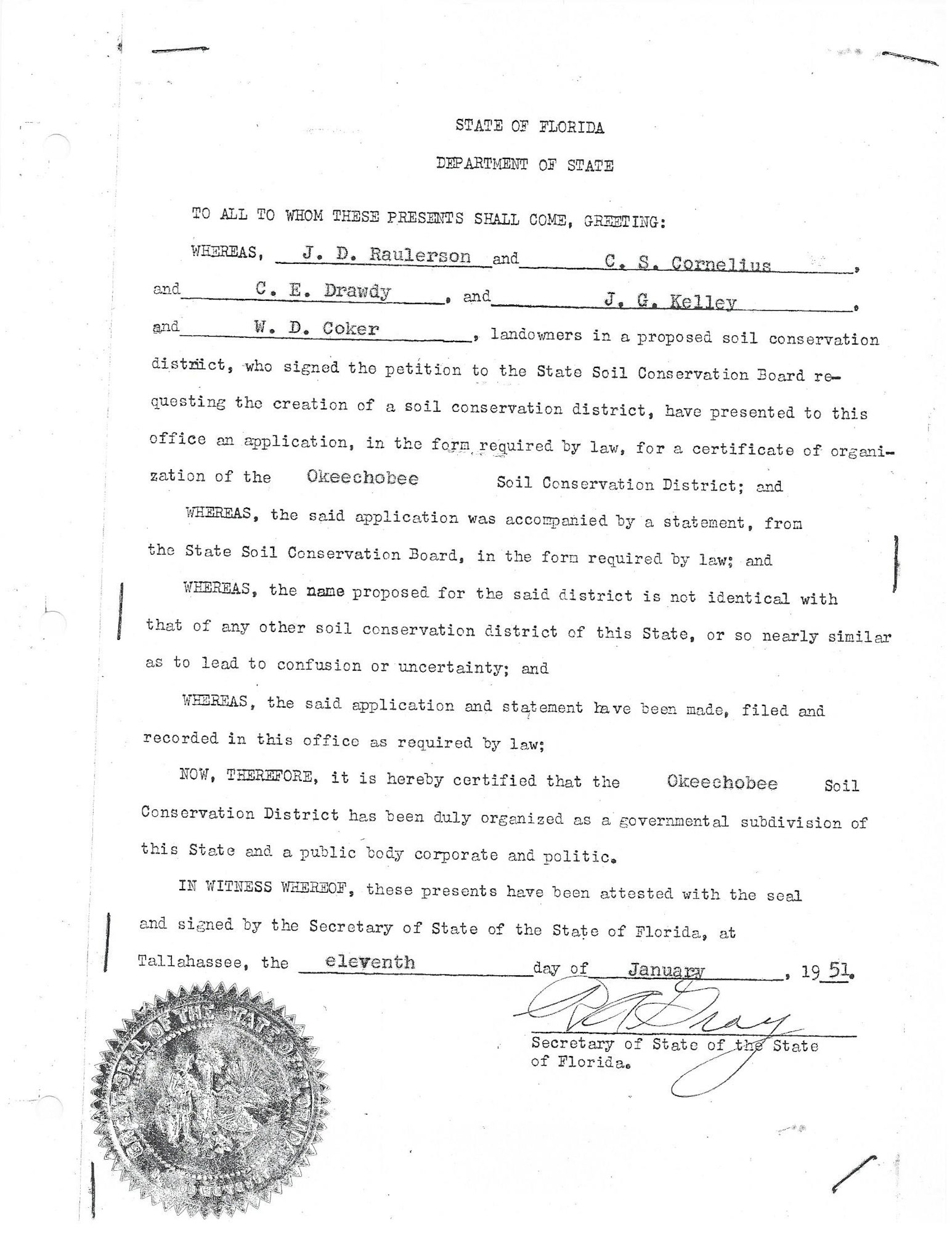 Black and white image of the State of Florida Department of State document regarding soil conservation district organization.