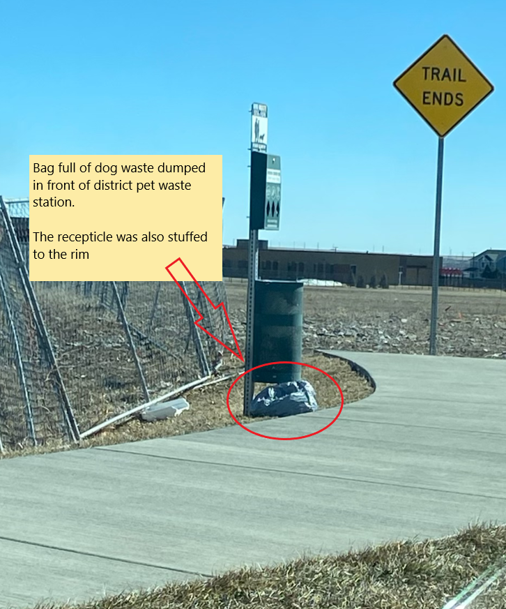 A sign says "TRAIL ENDS," a full pet waste station, and a bag of dog waste on the ground.