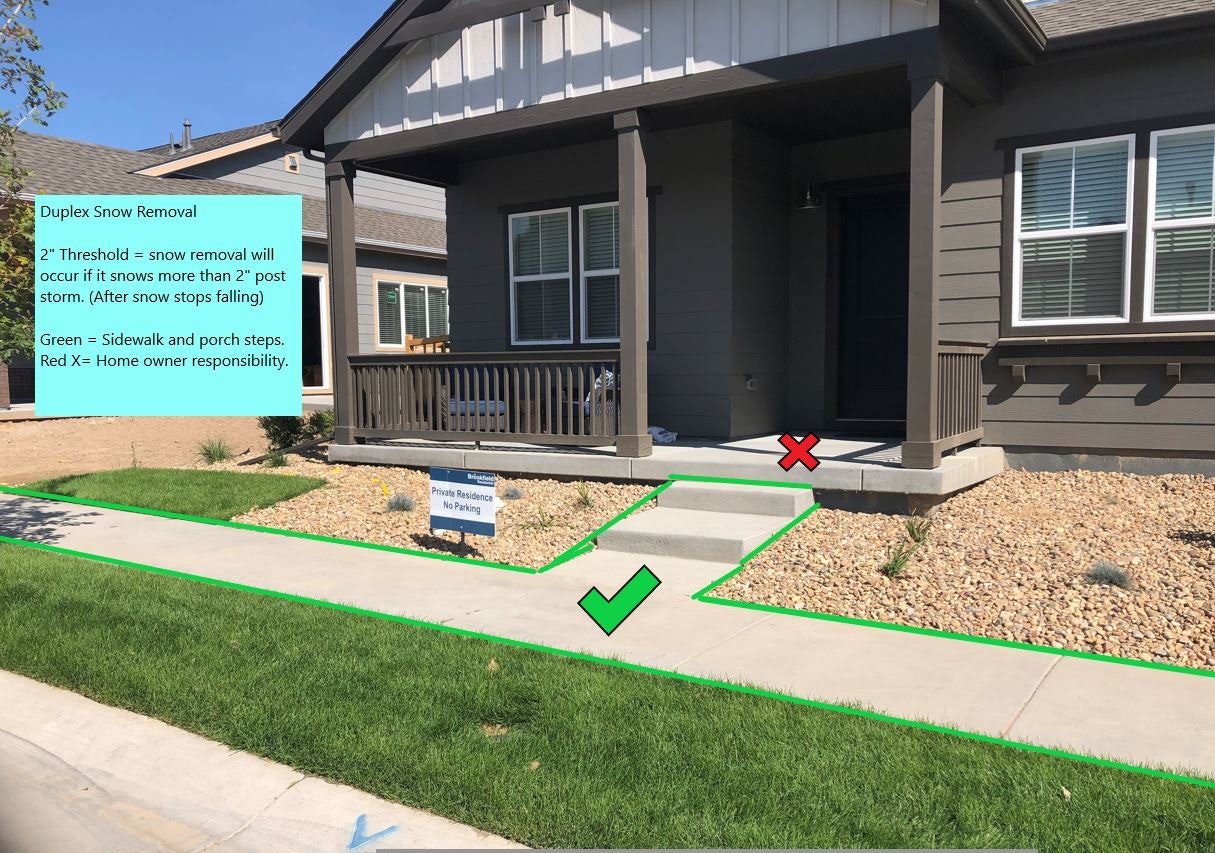 A duplex house with outlined snow removal responsibilities: green for public areas, red 'X' for homeowner duty.