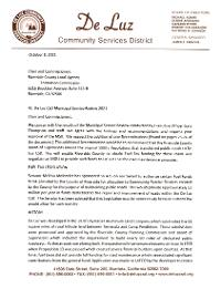 The image is a letter from the De Luz Community Services District, dated October 1, 2021, discussing municipal services.