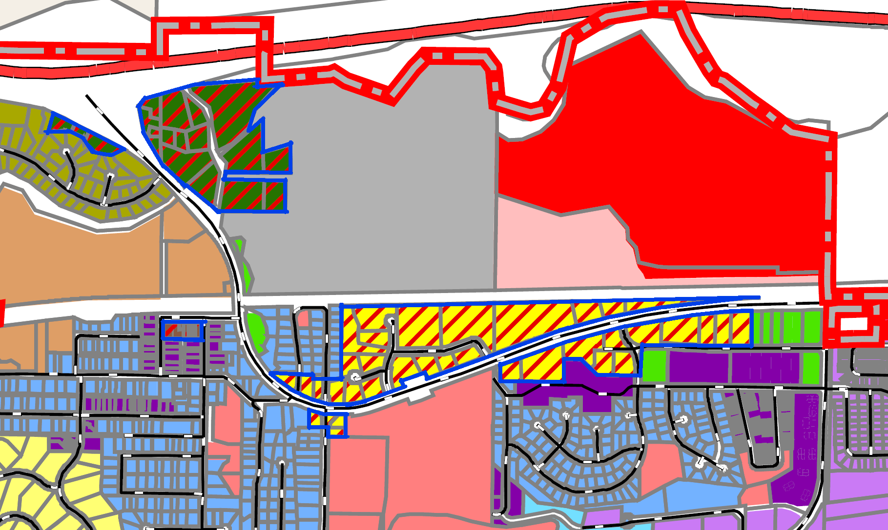 Color-coded zoning map with various colored regions, roads, and outlined areas.