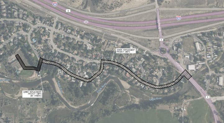 Aerial map showing sewer replacement project limits over a residential area and highway intersections.
