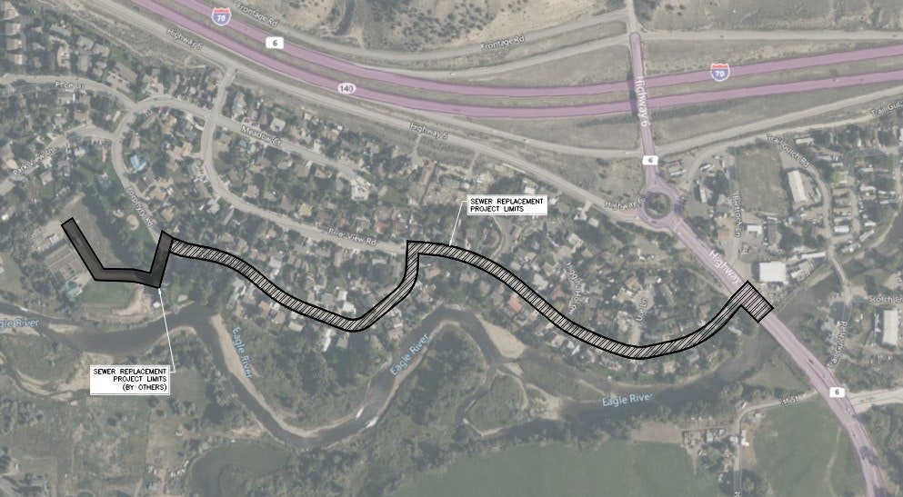 Aerial map showing sewer replacement project limits over a residential area and highway intersections.
