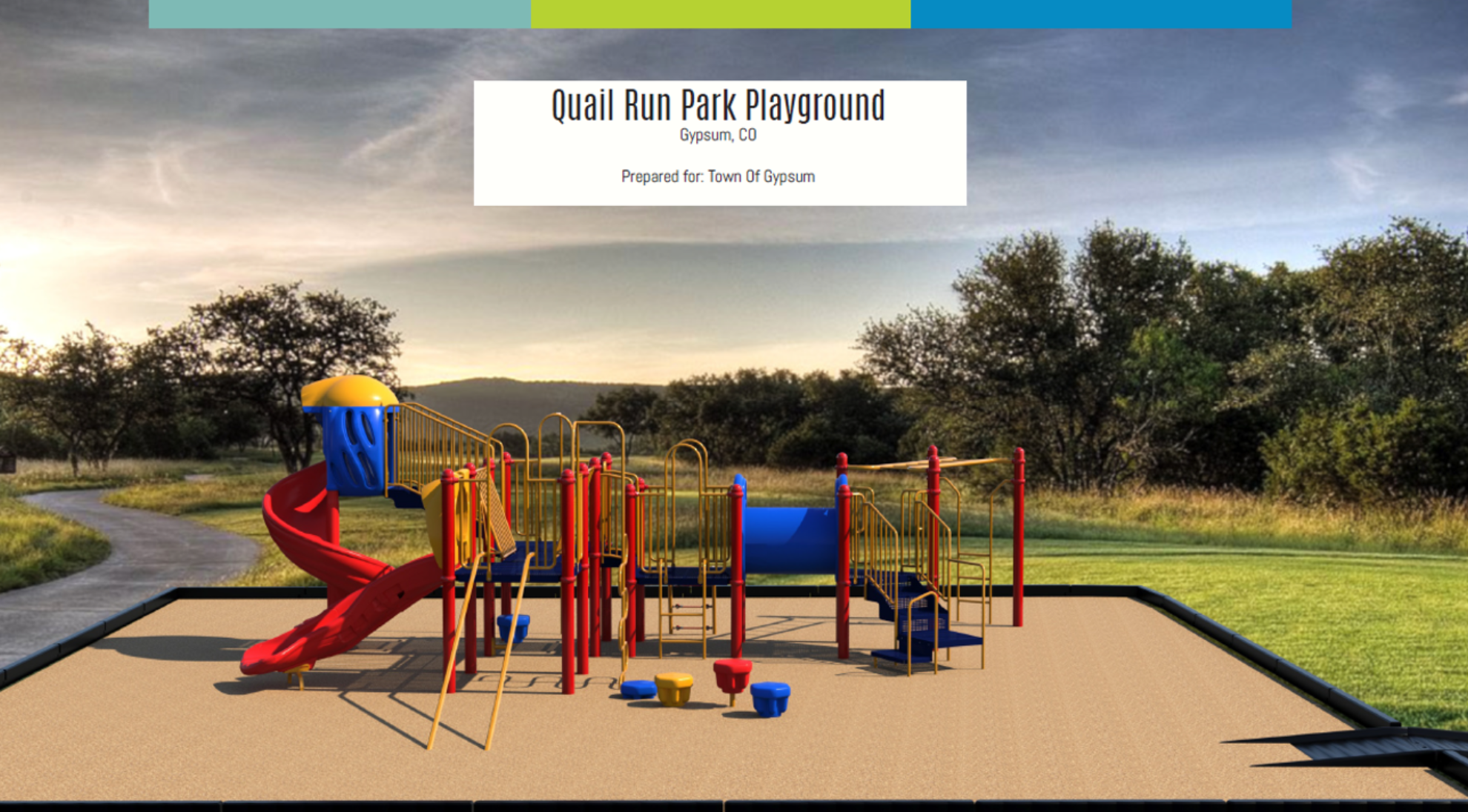 Playground with slides and climbing structures, labeled "Quail Run Park Playground, Gypsum, CO," surrounded by trees and a walking path.