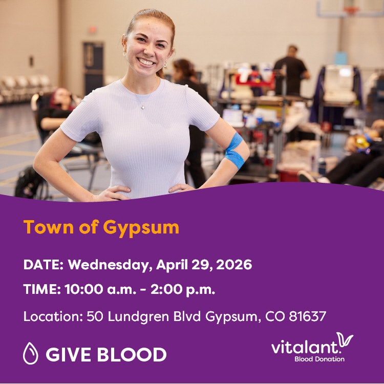 Blood donation event in Gypsum on April 29, 2026, from 10 AM to 2 PM, at 50 Lundgren Blvd. Give blood!