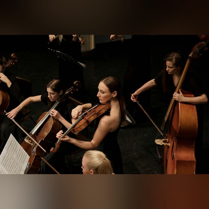 A string orchestra performs on stage, featuring musicians playing violins, violas, and cellos, all in formal attire.