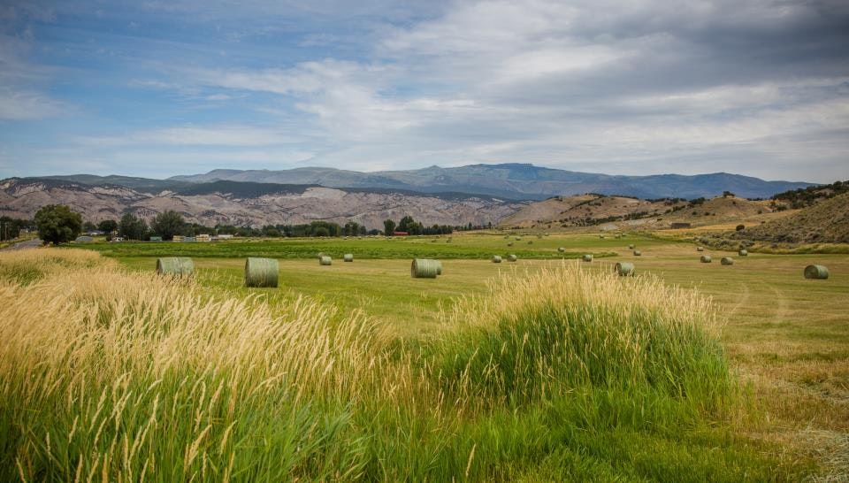 A lush field with hay bales, surrounded by mountains and cloudy skies.